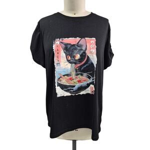 Unisex Black Novelty T-shirt Ramen Noodle Eating Kitty Cat Cinched Sleeve Sz L